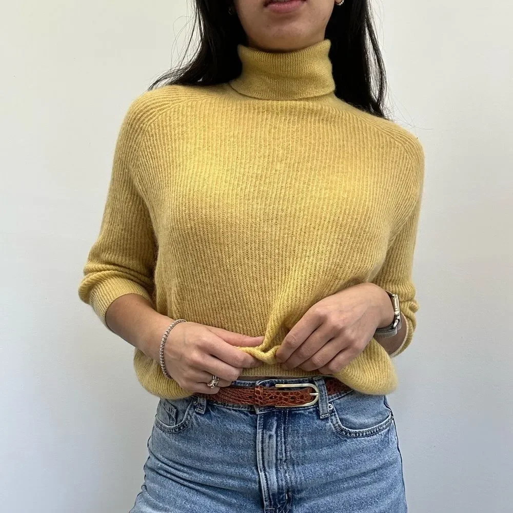 Brunello Cucinelli Mustard Yellow Mohair Blend Knit Sweater Turtleneck Size S